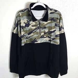 Black Pullover Sweatshirt Camouflage on Top, Zipper Turtleneck Collar, Size 2X